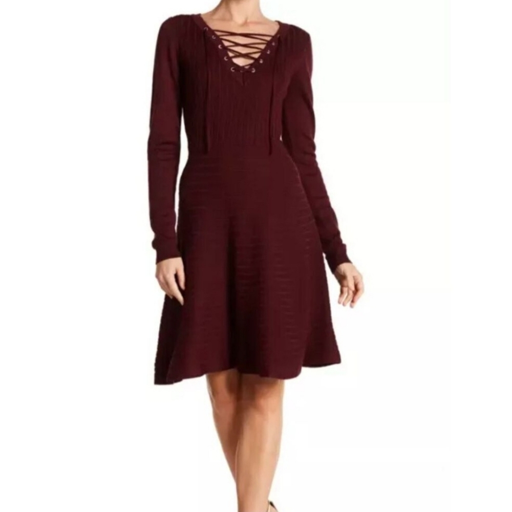 Nina Leonard Long Sleeve Burgundy Sweater Dress Dress with Lace-Up Front A-Line